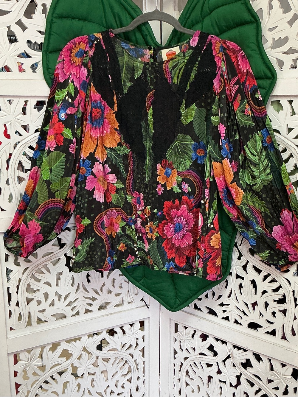 Farm rio black lace colorful floral blouse, size S.